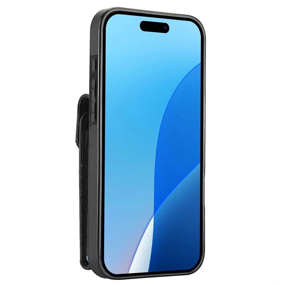 For iPhone 16 Case Card Bag Leather+TPU Crossbody Phone Cover with Ring Kickstand - Black - 3