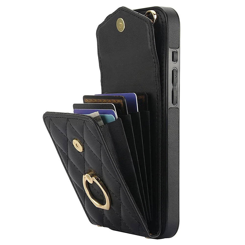 For iPhone 16 Case Card Bag Leather+TPU Crossbody Phone Cover with Ring Kickstand - Black - 4
