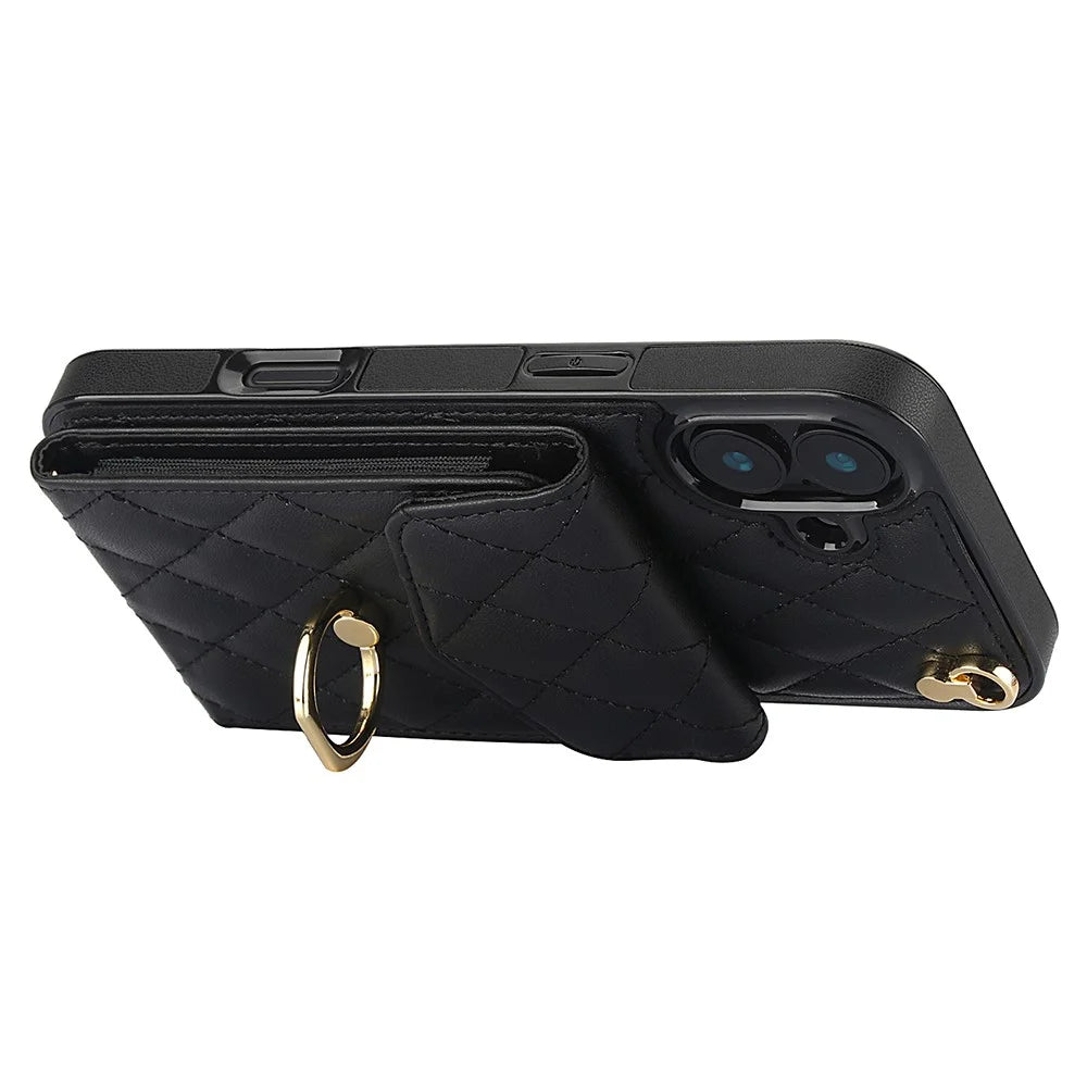 For iPhone 16 Case Card Bag Leather+TPU Crossbody Phone Cover with Ring Kickstand - Black - 5