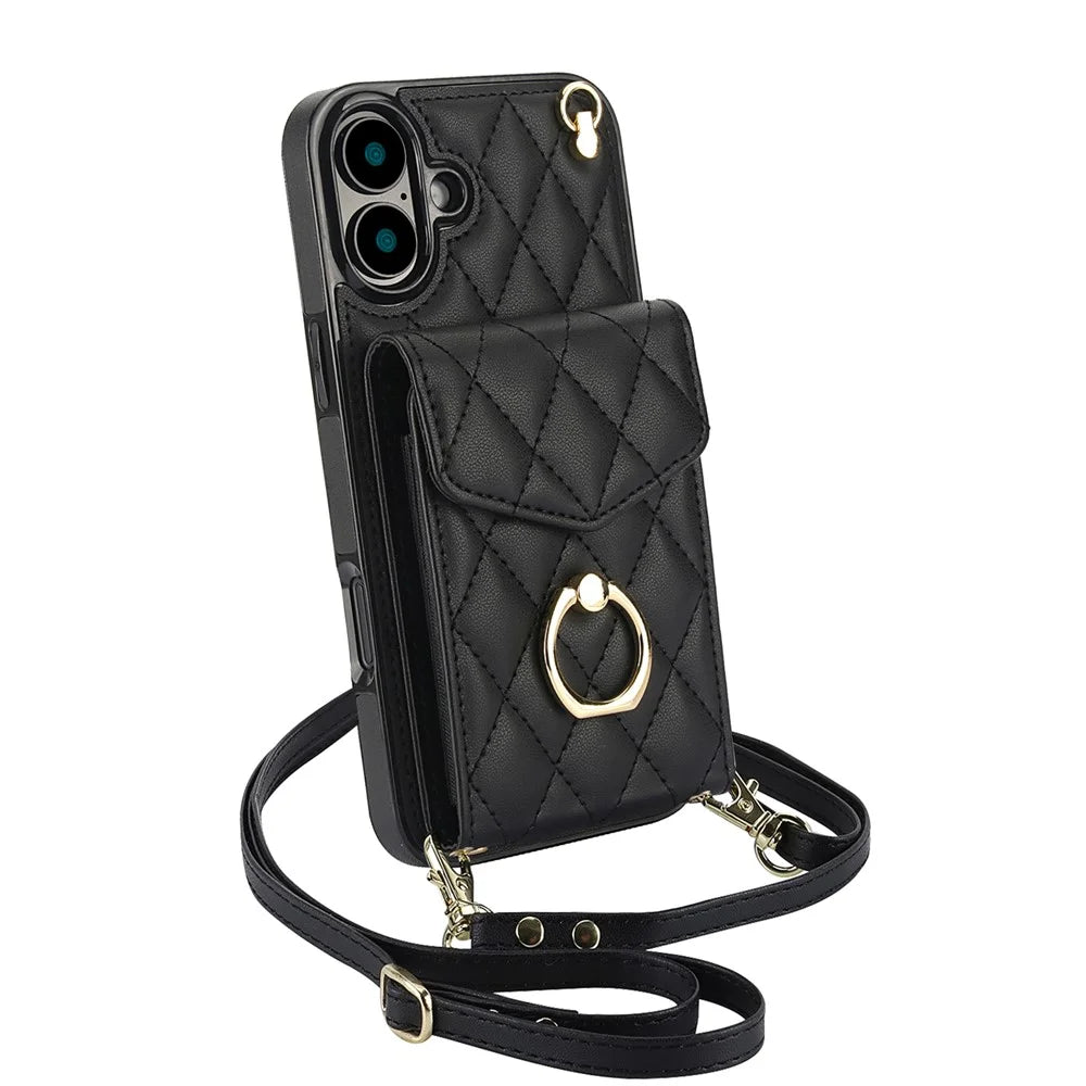 For iPhone 16 Case Card Bag Leather+TPU Crossbody Phone Cover with Ring Kickstand - Black - 6