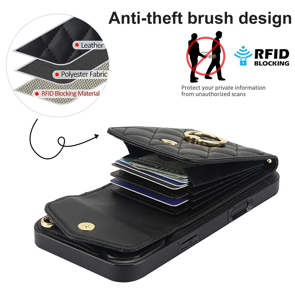 For iPhone 16 Case Card Bag Leather+TPU Crossbody Phone Cover with Ring Kickstand - Black - 7