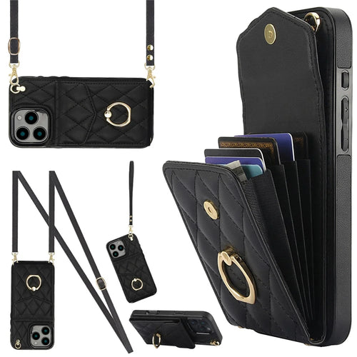For iPhone 16 Pro Max Case Card Bag Leather+TPU Crossbody Phone Cover with Ring Kickstand - Black - 1