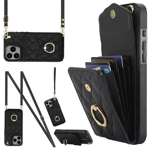 For iPhone 16 Pro Max Case Card Bag Leather+TPU Crossbody Phone Cover with Ring Kickstand - Black - 1