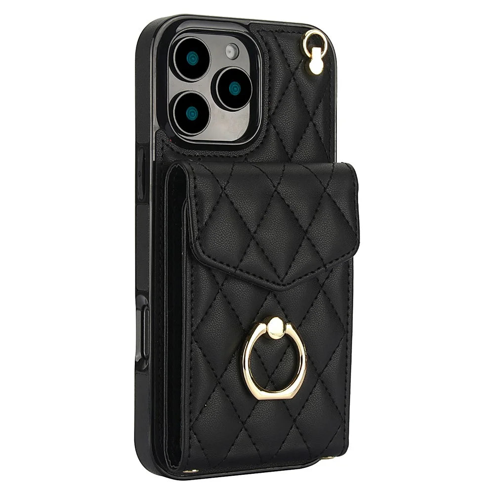 For iPhone 16 Pro Max Case Card Bag Leather+TPU Crossbody Phone Cover with Ring Kickstand - Black - 2