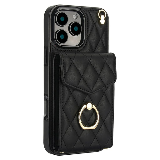 For iPhone 16 Pro Max Case Card Bag Leather+TPU Crossbody Phone Cover with Ring Kickstand - Black - 2