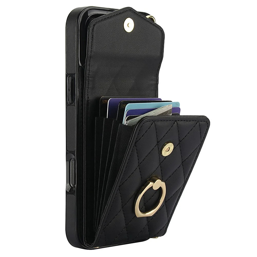 For iPhone 16 Pro Max Case Card Bag Leather+TPU Crossbody Phone Cover with Ring Kickstand - Black - 3