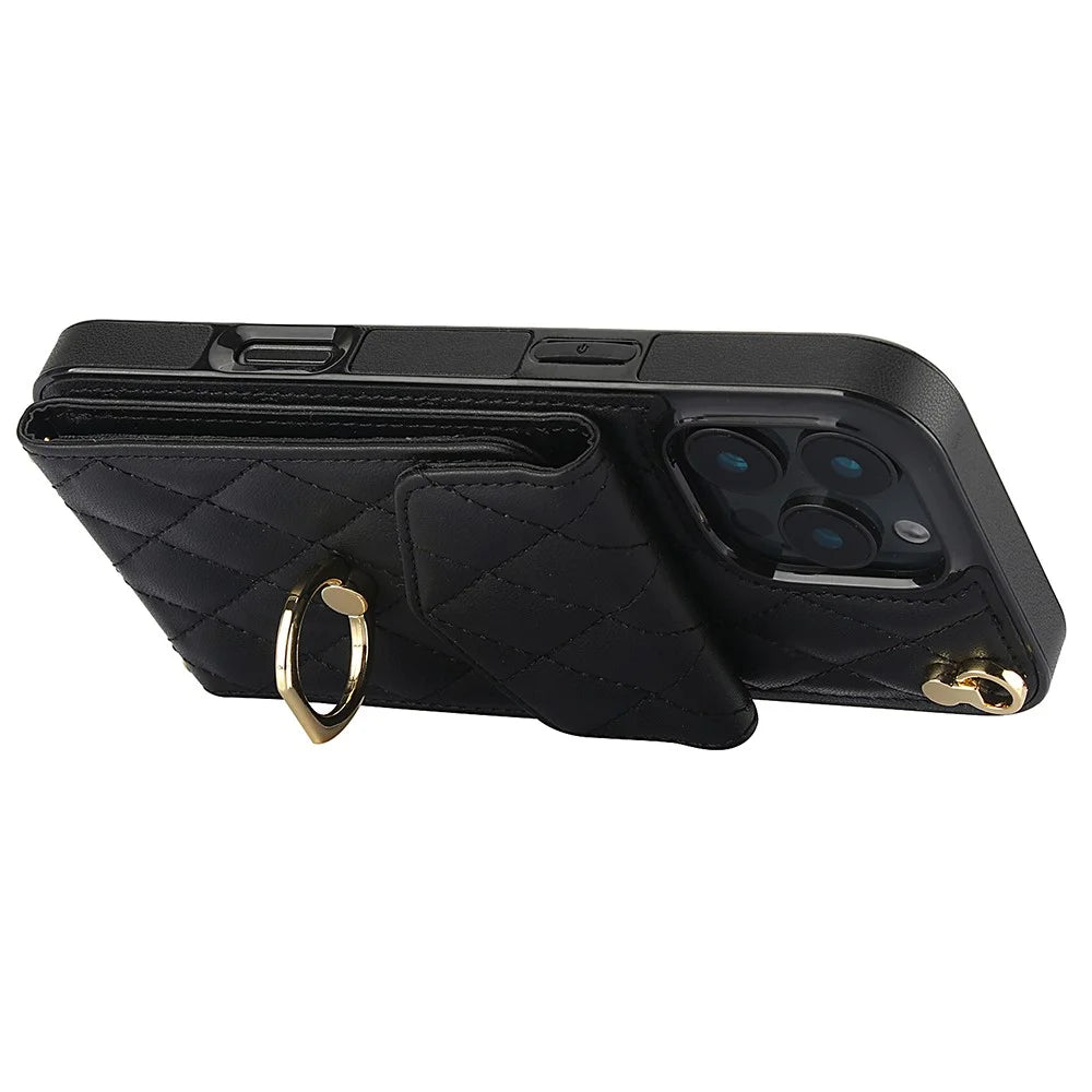 For iPhone 16 Pro Max Case Card Bag Leather+TPU Crossbody Phone Cover with Ring Kickstand - Black - 4