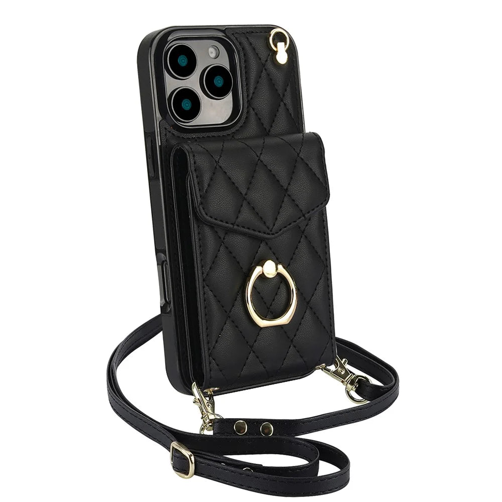 For iPhone 16 Pro Max Case Card Bag Leather+TPU Crossbody Phone Cover with Ring Kickstand - Black - 5