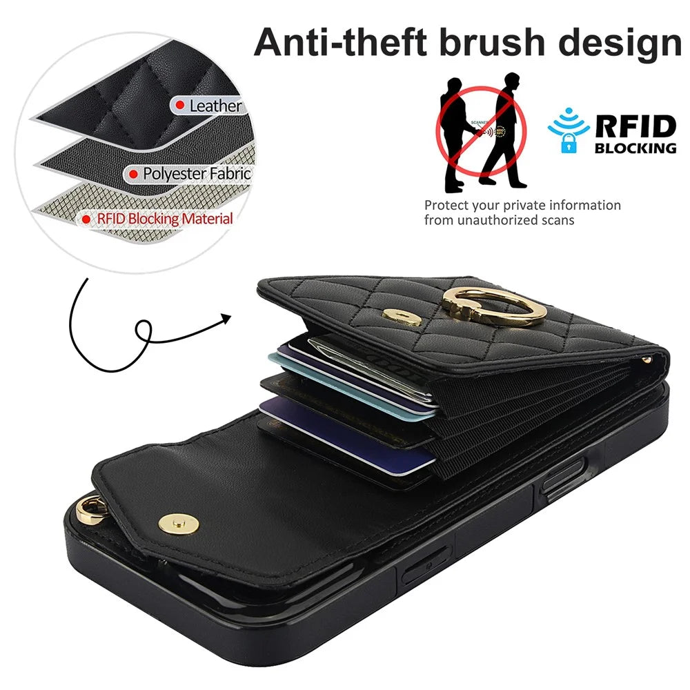 For iPhone 16 Pro Max Case Card Bag Leather+TPU Crossbody Phone Cover with Ring Kickstand - Black - 6
