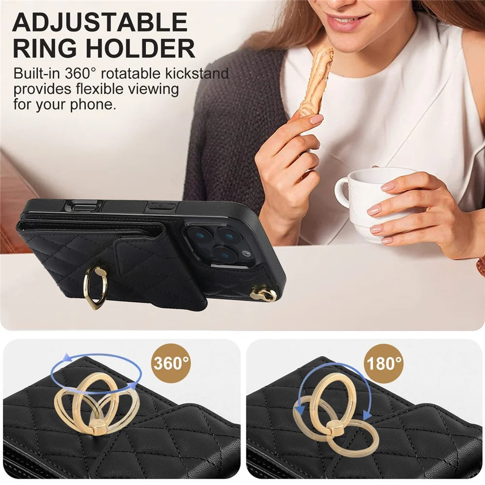 For iPhone 16 Pro Max Case Card Bag Leather+TPU Crossbody Phone Cover with Ring Kickstand - Black - 7