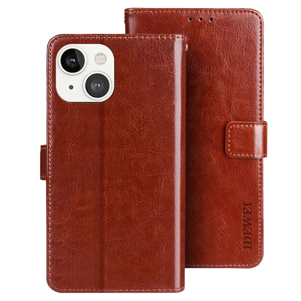 IDEWEI for iPhone 14 Plus Crazy Horse Textured Phone Case Anti-drop Phone Shell PU Leather Magnetic Closure Flip Wallet Cover Stand - Brown - 1