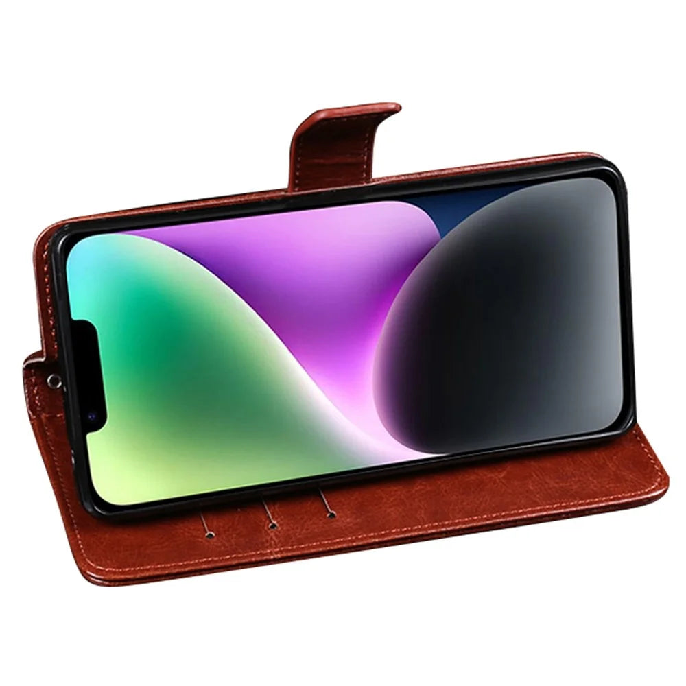 IDEWEI for iPhone 14 Plus Crazy Horse Textured Phone Case Anti-drop Phone Shell PU Leather Magnetic Closure Flip Wallet Cover Stand - Brown - 3