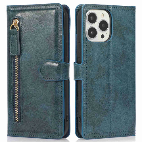 Zipper Pocket Phone Cover For iPhone 13 Pro 6.1 inch, Full Protection PU Leather Phone Flip Wallet Case Stand - Blue - 1