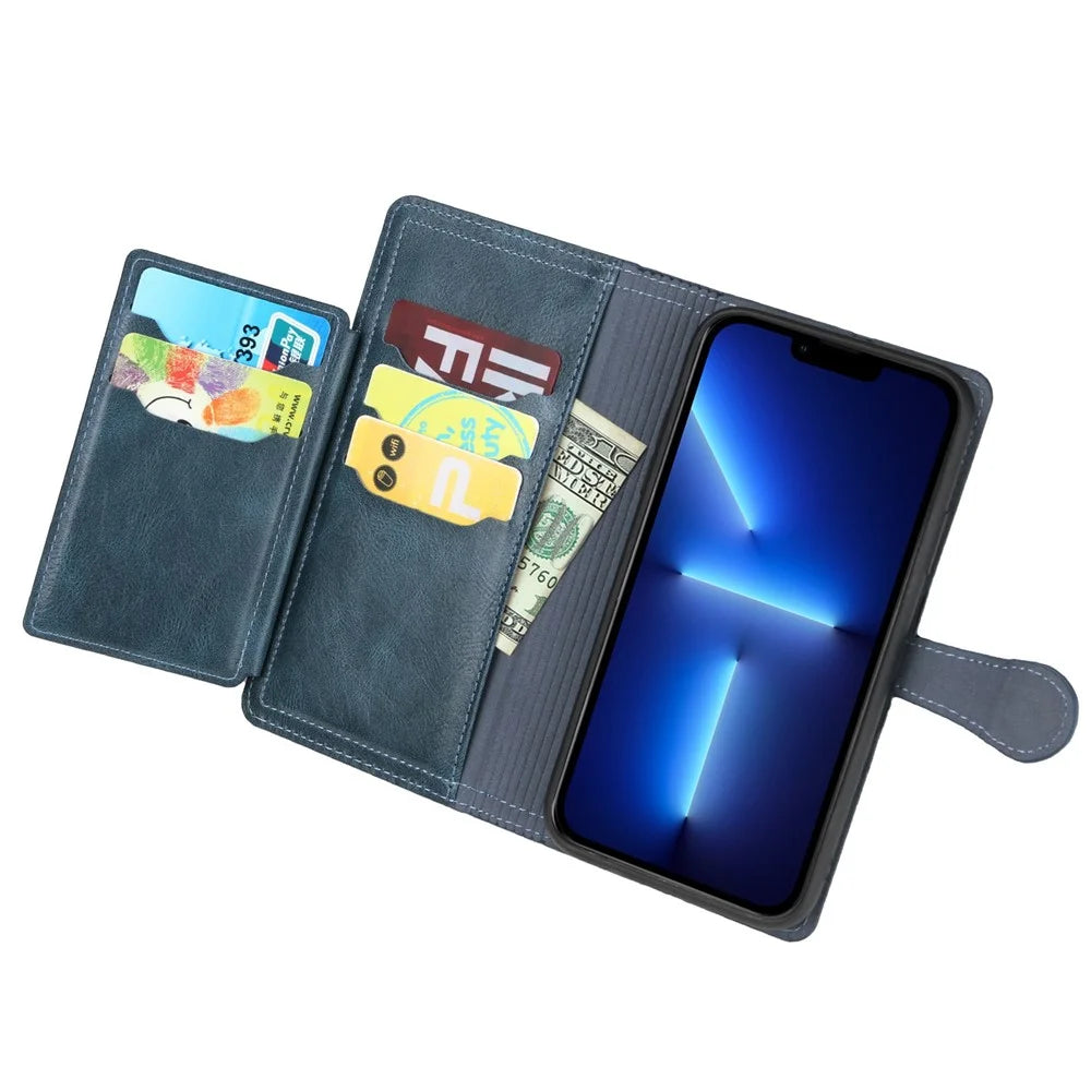 Zipper Pocket Phone Cover For iPhone 13 Pro 6.1 inch, Full Protection PU Leather Phone Flip Wallet Case Stand - Blue - 2