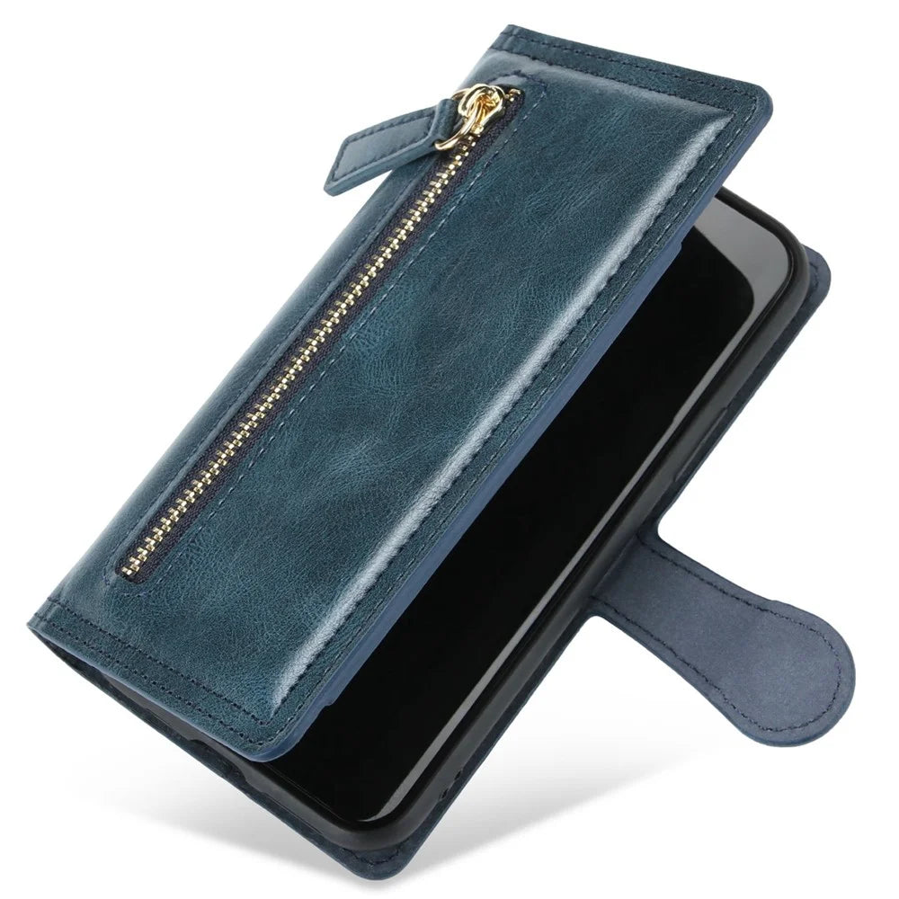 Zipper Pocket Phone Cover For iPhone 13 Pro 6.1 inch, Full Protection PU Leather Phone Flip Wallet Case Stand - Blue - 5