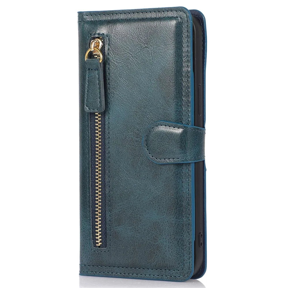 Zipper Pocket Phone Cover For iPhone 13 Pro 6.1 inch, Full Protection PU Leather Phone Flip Wallet Case Stand - Blue - 7