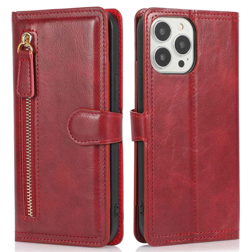 Shockproof Phone Cover For iPhone 13 Pro Max 6.7 inch, PU Leather Zipper Pocket Phone Wallet Case Stand - Red - 1