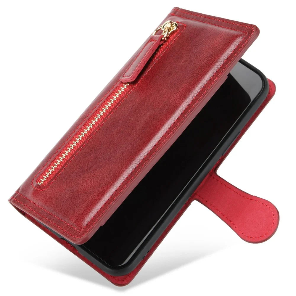 Shockproof Phone Cover For iPhone 13 Pro Max 6.7 inch, PU Leather Zipper Pocket Phone Wallet Case Stand - Red - 4