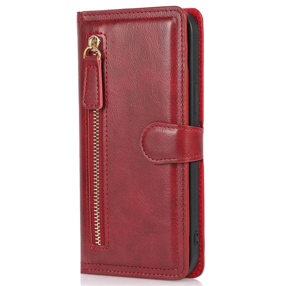 Shockproof Phone Cover For iPhone 13 Pro Max 6.7 inch, PU Leather Zipper Pocket Phone Wallet Case Stand - Red - 7
