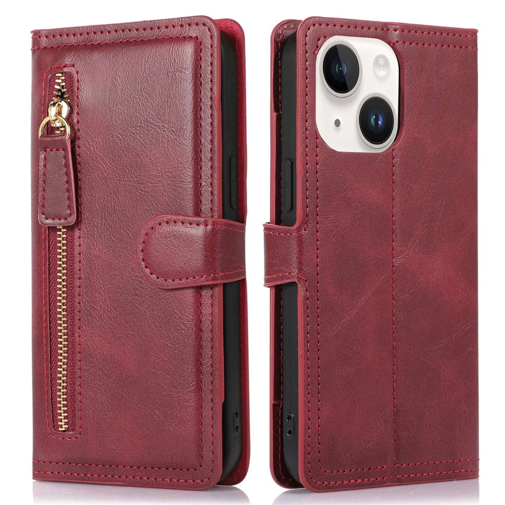 Anti-scratch Phone Case For iPhone 14, Zipper Pocket Wallet Full Protection PU Leather Phone Flip Cover Card Holder with Magnetic Buckle - Red - 1