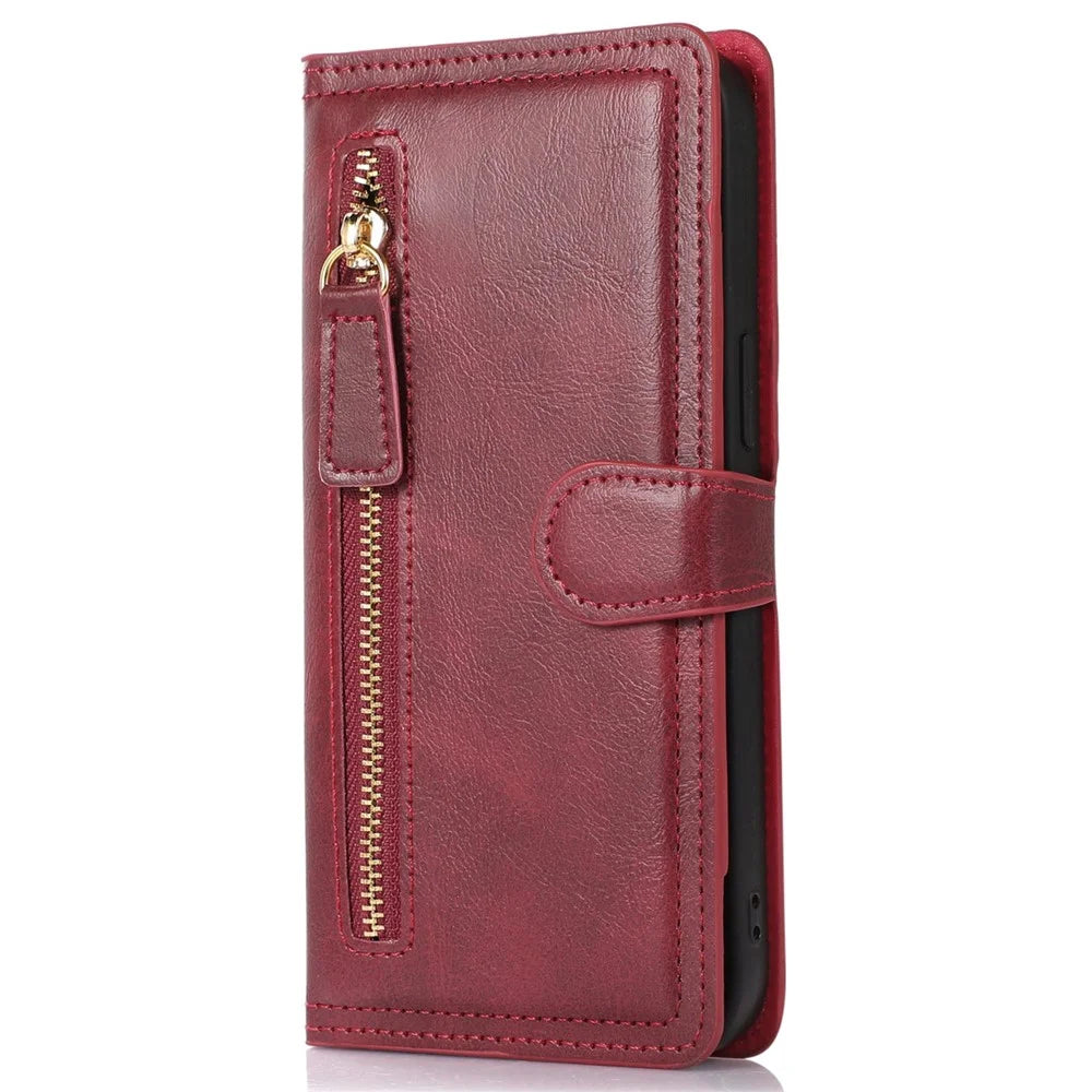 Anti-scratch Phone Case For iPhone 14, Zipper Pocket Wallet Full Protection PU Leather Phone Flip Cover Card Holder with Magnetic Buckle - Red - 6