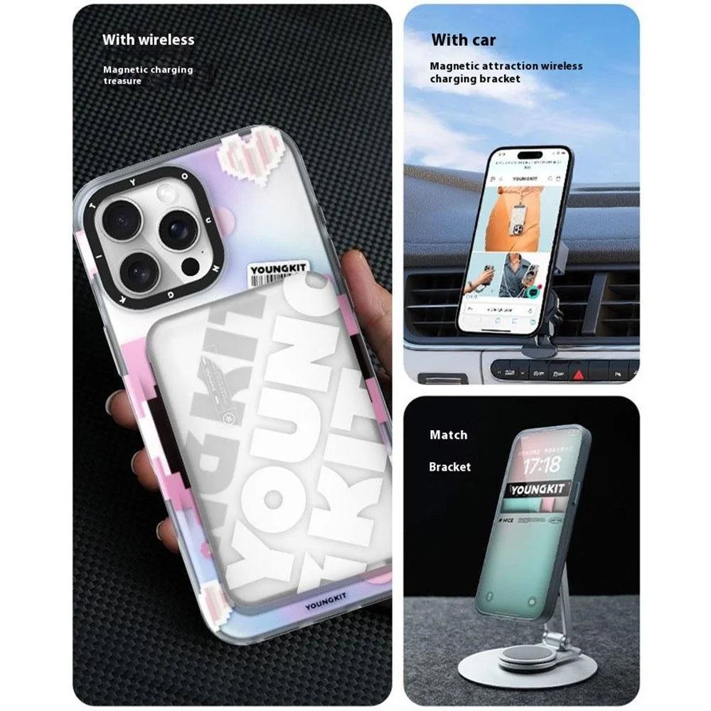 YOUNGKIT Pixel Heart Series for iPhone 16 Pro Magnetic Case IMD TPU Mobile Back Cover Design - Pink - 4