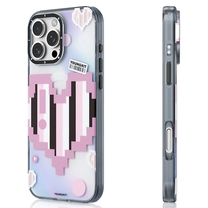YOUNGKIT Pixel Heart Series for iPhone 16 Pro Max Magnetic Case IMD TPU Mobile Back Cover Design - Pink - 2