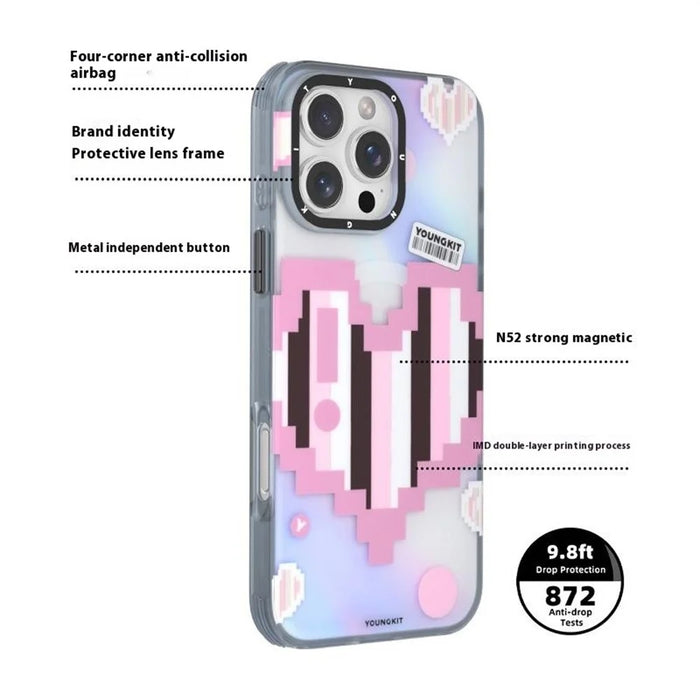 YOUNGKIT Pixel Heart Series for iPhone 16 Pro Max Magnetic Case IMD TPU Mobile Back Cover Design - Pink - 3