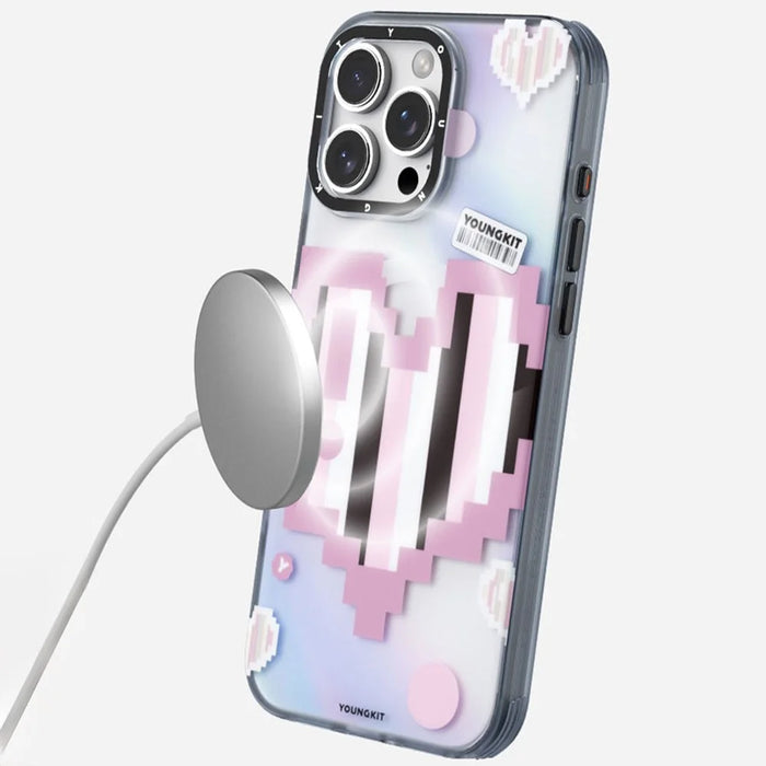 YOUNGKIT Pixel Heart Series for iPhone 16 Pro Max Magnetic Case IMD TPU Mobile Back Cover Design - Pink - 5