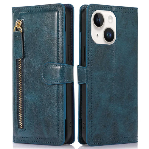 Anti-fall Phone Case For iPhone 14 Plus Zipper Pocket Wallet Stand Scratch-resistant PU Leather Phone Flip Cover with Magnetic Buckle - Blue - 1