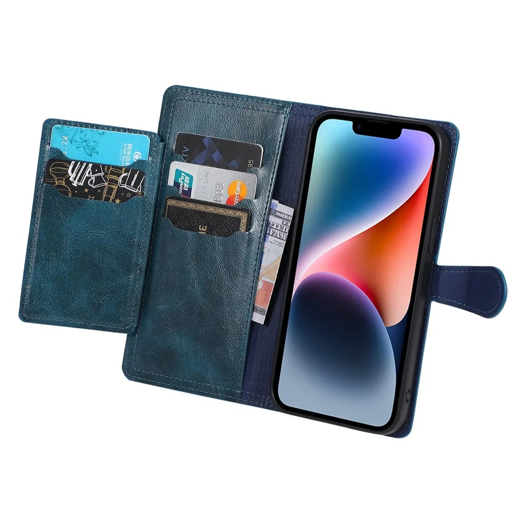 Anti-fall Phone Case For iPhone 14 Plus Zipper Pocket Wallet Stand Scratch-resistant PU Leather Phone Flip Cover with Magnetic Buckle - Blue - 2