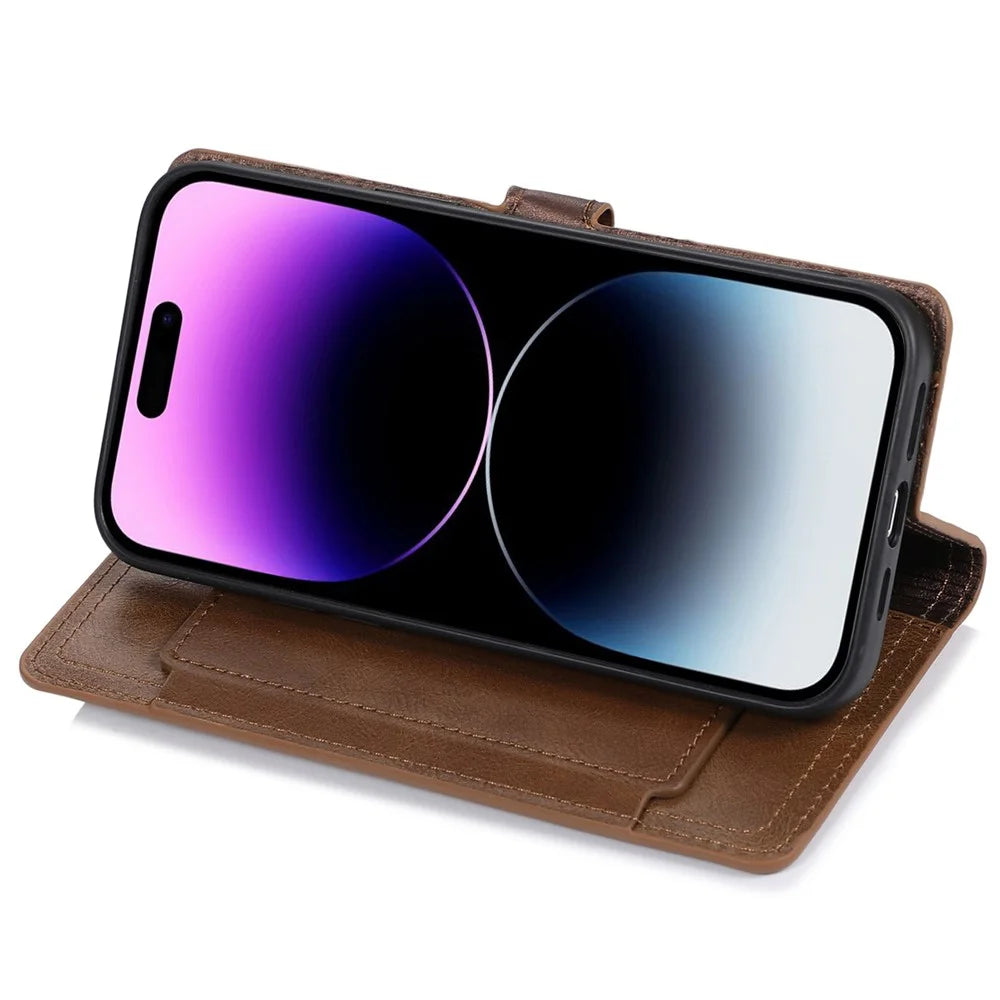 For iPhone 14 Pro Anti-scratch Zipper Pocket Phone Case Shockproof PU Leather Phone Flip Wallet Cover Stand with Magnetic Buckle - Brown - 3