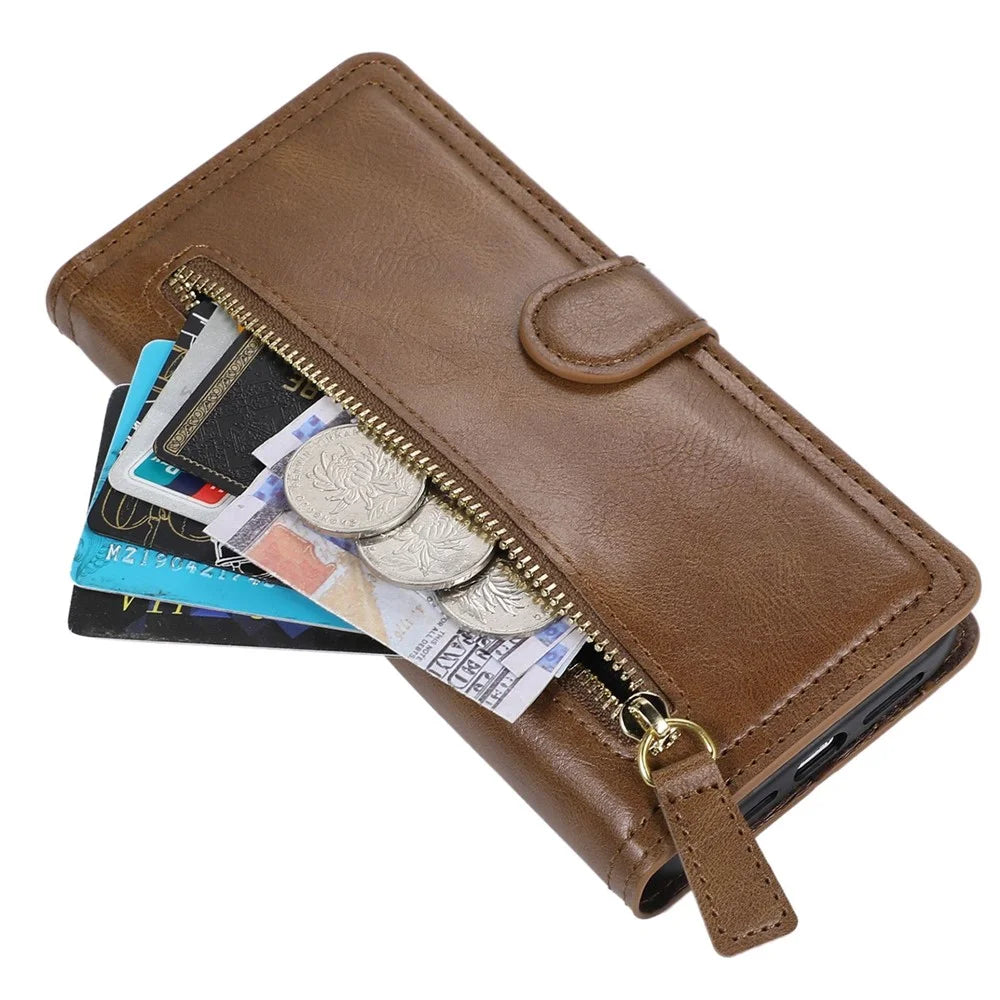 For iPhone 14 Pro Anti-scratch Zipper Pocket Phone Case Shockproof PU Leather Phone Flip Wallet Cover Stand with Magnetic Buckle - Brown - 4