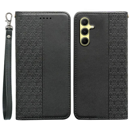 For Samsung Galaxy S24 Wallet Phone Case Checkered Pattern Imprint Leather Flip Cover with Wrist Strap - Black - 1