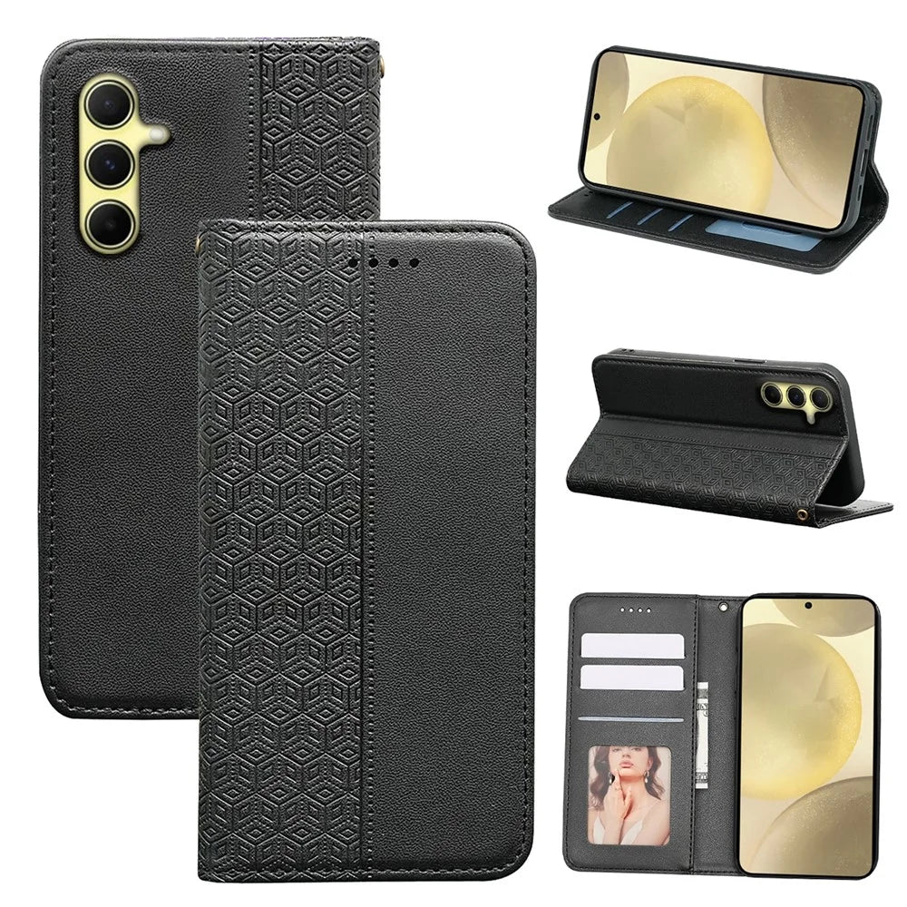 For Samsung Galaxy S24 Wallet Phone Case Checkered Pattern Imprint Leather Flip Cover with Wrist Strap - Black - 5