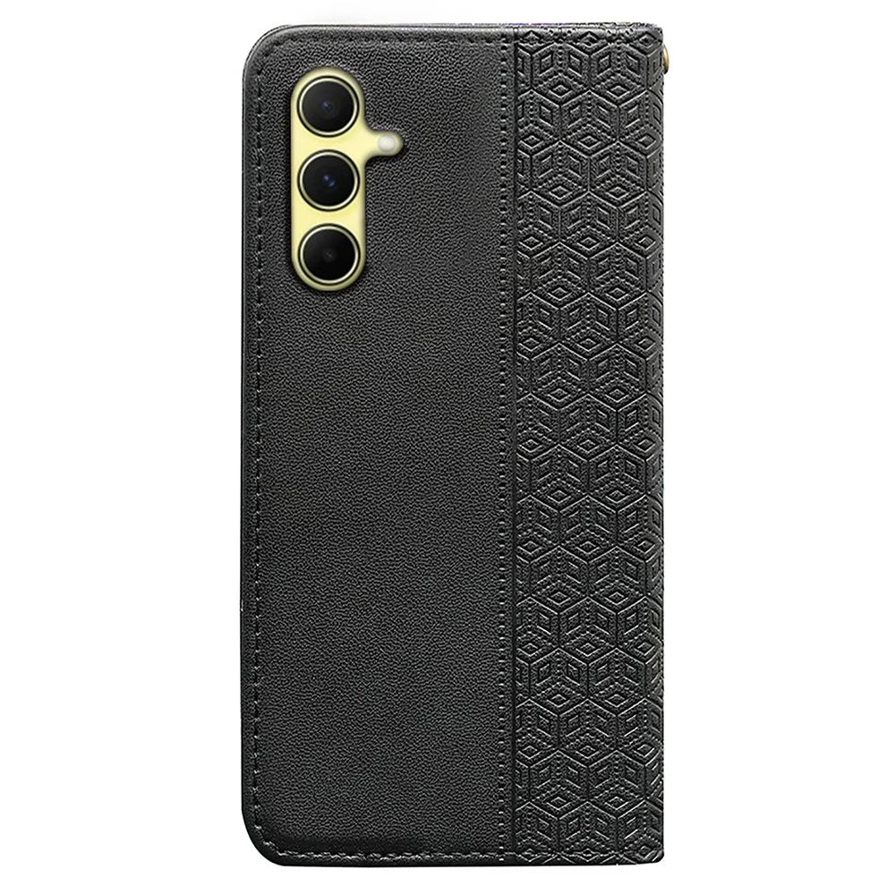 For Samsung Galaxy S24 Wallet Phone Case Checkered Pattern Imprint Leather Flip Cover with Wrist Strap - Black - 7