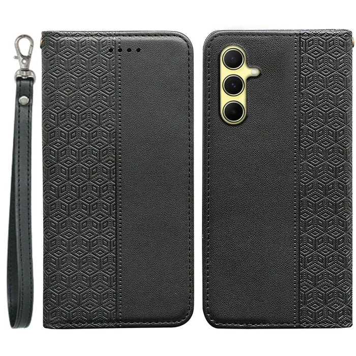 For Samsung Galaxy A55 5G Wallet Phone Case Checkered Pattern Imprint Leather Flip Cover with Wrist Strap - Black - 1