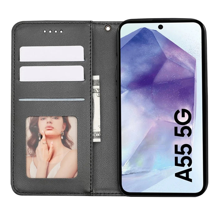 For Samsung Galaxy A55 5G Wallet Phone Case Checkered Pattern Imprint Leather Flip Cover with Wrist Strap - Black - 2