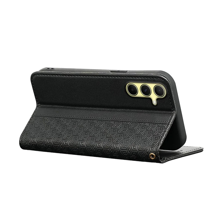 For Samsung Galaxy A55 5G Wallet Phone Case Checkered Pattern Imprint Leather Flip Cover with Wrist Strap - Black - 4
