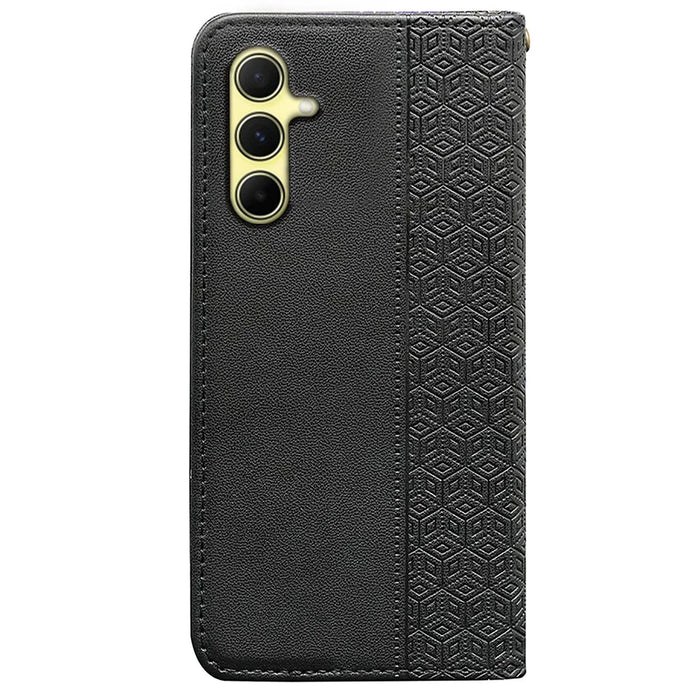 For Samsung Galaxy A55 5G Wallet Phone Case Checkered Pattern Imprint Leather Flip Cover with Wrist Strap - Black - 6