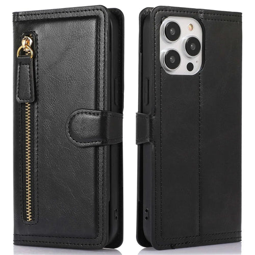 For iPhone 14 Pro Max Drop-proof Zipper Pocket Phone Flip Wallet Case with Magnetic Buckle Protective PU Leather Phone Cover Stand - Black - 1