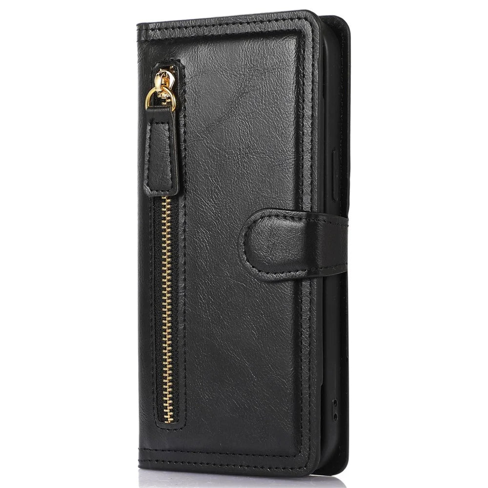For iPhone 14 Pro Max Drop-proof Zipper Pocket Phone Flip Wallet Case with Magnetic Buckle Protective PU Leather Phone Cover Stand - Black - 6