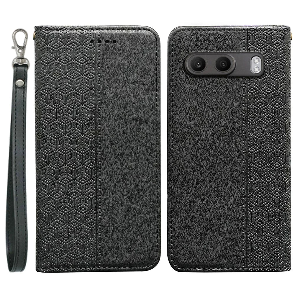 For OnePlus Nord 4 Wallet Phone Case Checkered Pattern Imprint Leather Flip Cover with Wrist Strap - Black - 1