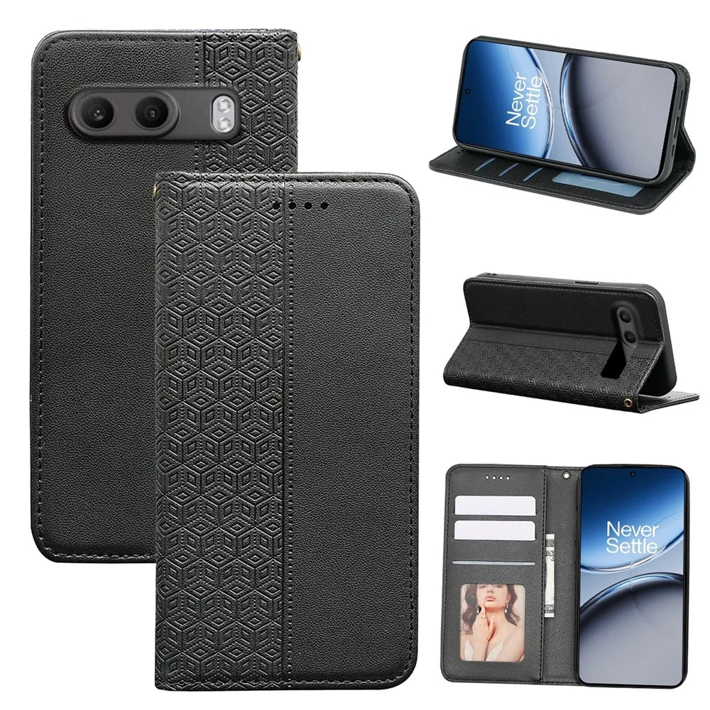 For OnePlus Nord 4 Wallet Phone Case Checkered Pattern Imprint Leather Flip Cover with Wrist Strap - Black - 5
