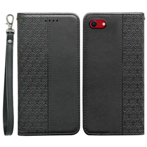 For iPhone 17e / 16e Wallet Phone Case Checkered Pattern Imprint Leather Flip Cover with Wrist Strap - Black - 1