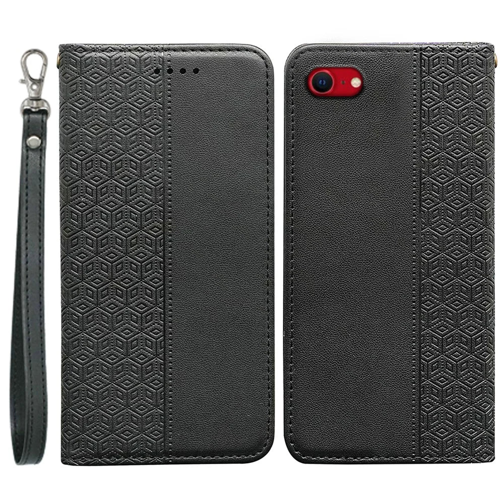 For iPhone 17e / 16e Wallet Phone Case Checkered Pattern Imprint Leather Flip Cover with Wrist Strap - Black - 1