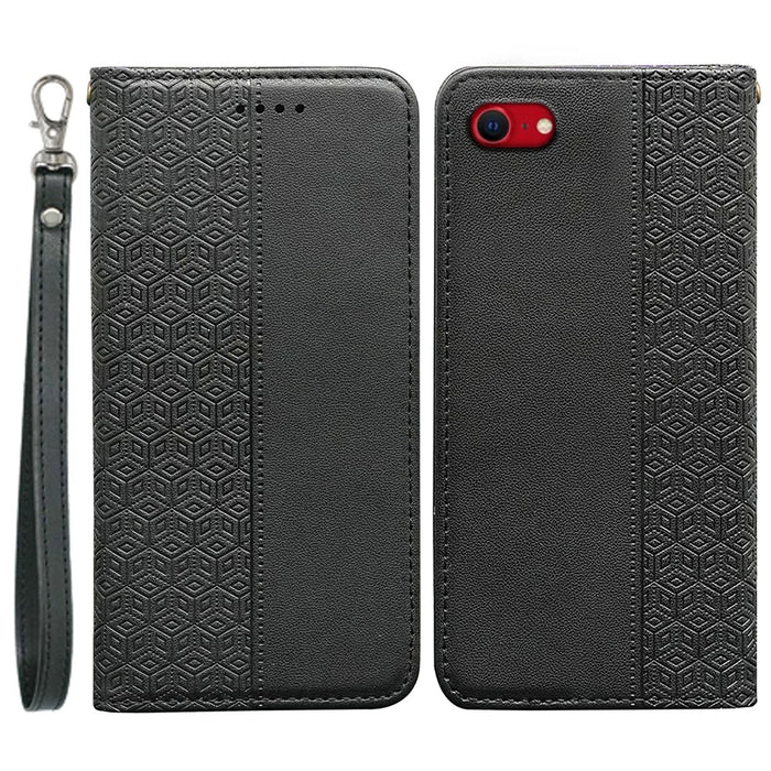 For iPhone 17e / 16e Wallet Phone Case Checkered Pattern Imprint Leather Flip Cover with Wrist Strap - Black - 1