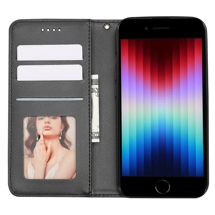 For iPhone 17e / 16e Wallet Phone Case Checkered Pattern Imprint Leather Flip Cover with Wrist Strap - Black - 2