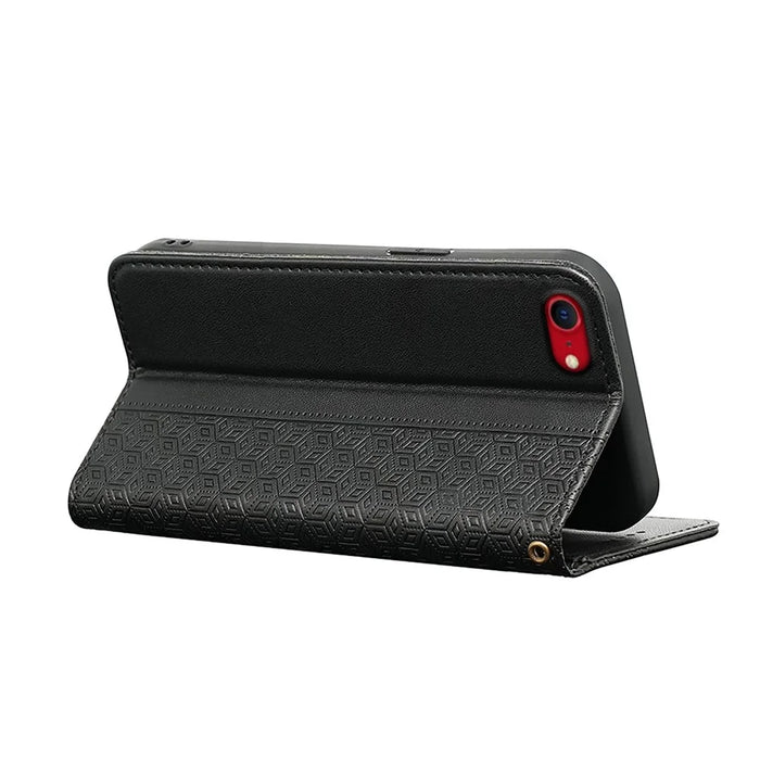 For iPhone 17e / 16e Wallet Phone Case Checkered Pattern Imprint Leather Flip Cover with Wrist Strap - Black - 4