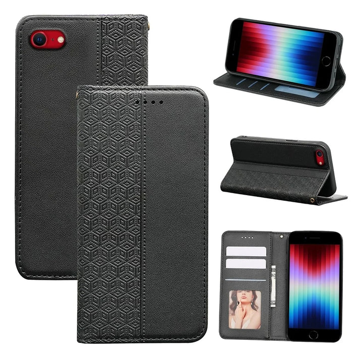 For iPhone 17e / 16e Wallet Phone Case Checkered Pattern Imprint Leather Flip Cover with Wrist Strap - Black - 5